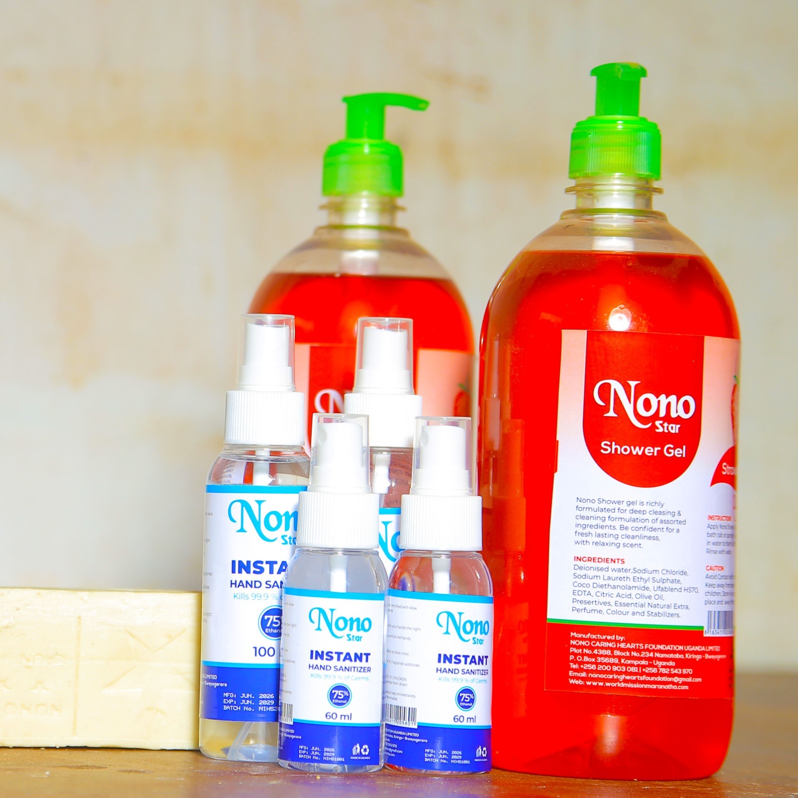 Nono Star shower gel and instant hand sanitiser bottles