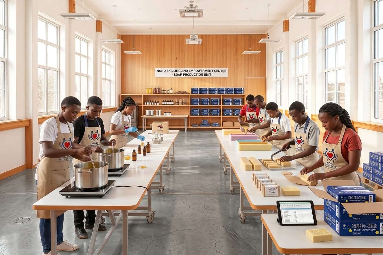 Trainees making soap in the Nono Skilling and Empowerment Centre production unit