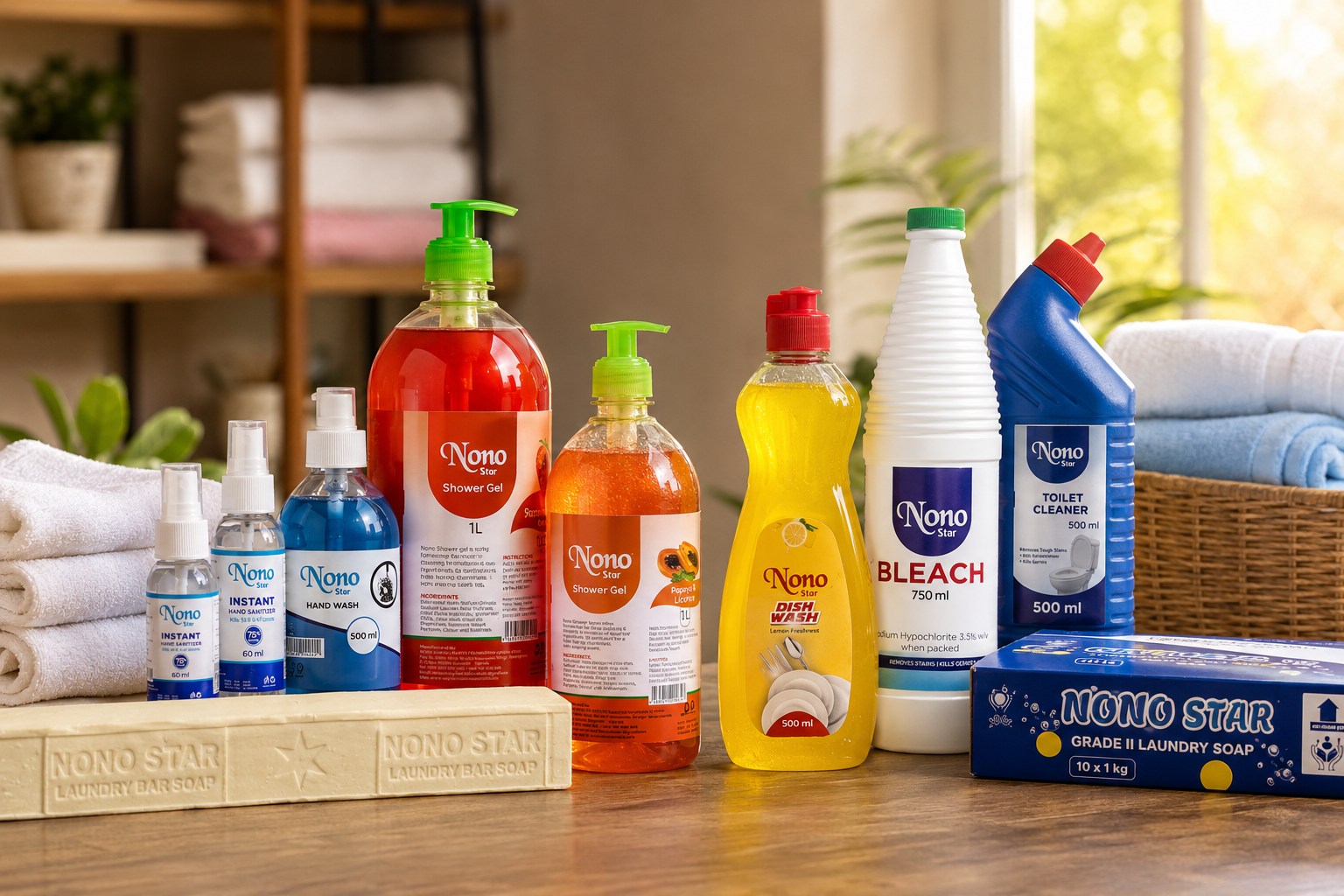 The full Nono Star product range — bar soap, handwash, shower gel, dish wash, bleach and more — produced in Kirinya