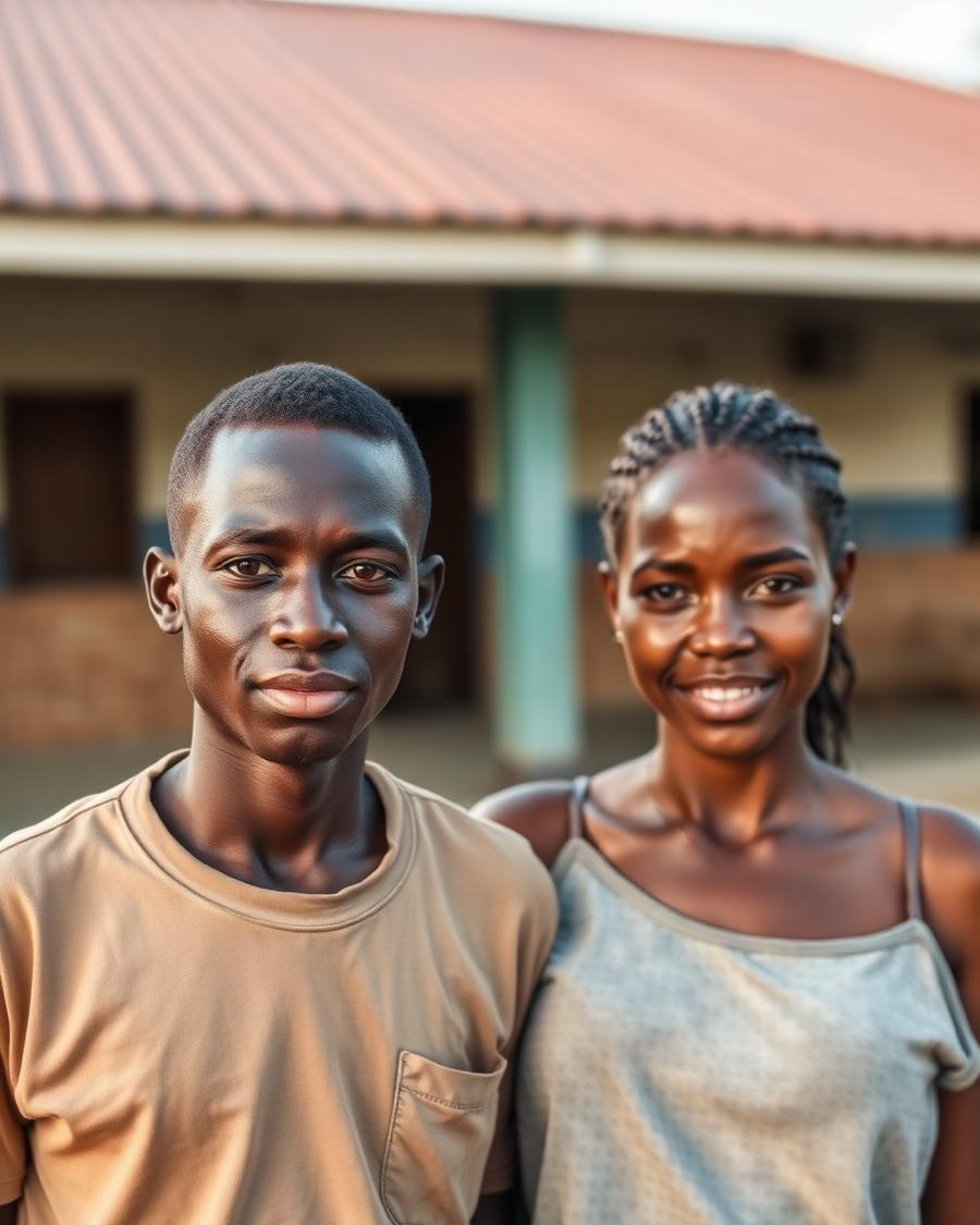 Two young people standing outside a community training hall
