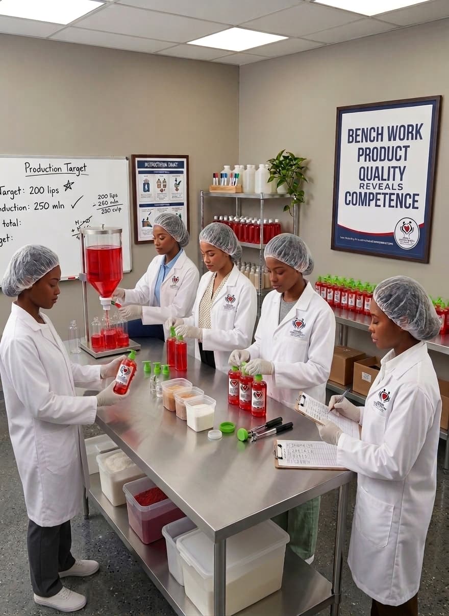 Trainees filling and packaging bottles on the production bench — competence judged by what leaves the bench