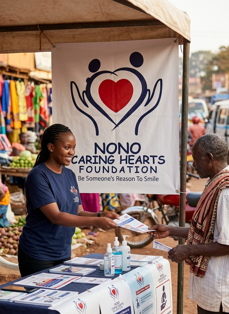 A Nono Caring Hearts Foundation team member speaking with a community member in Kirinya