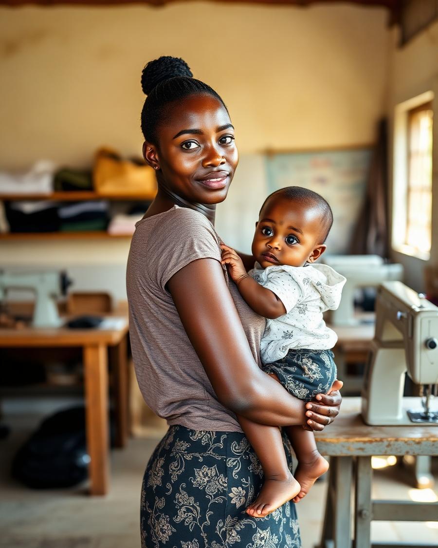 A young mother holding her child in a tailoring workshop
