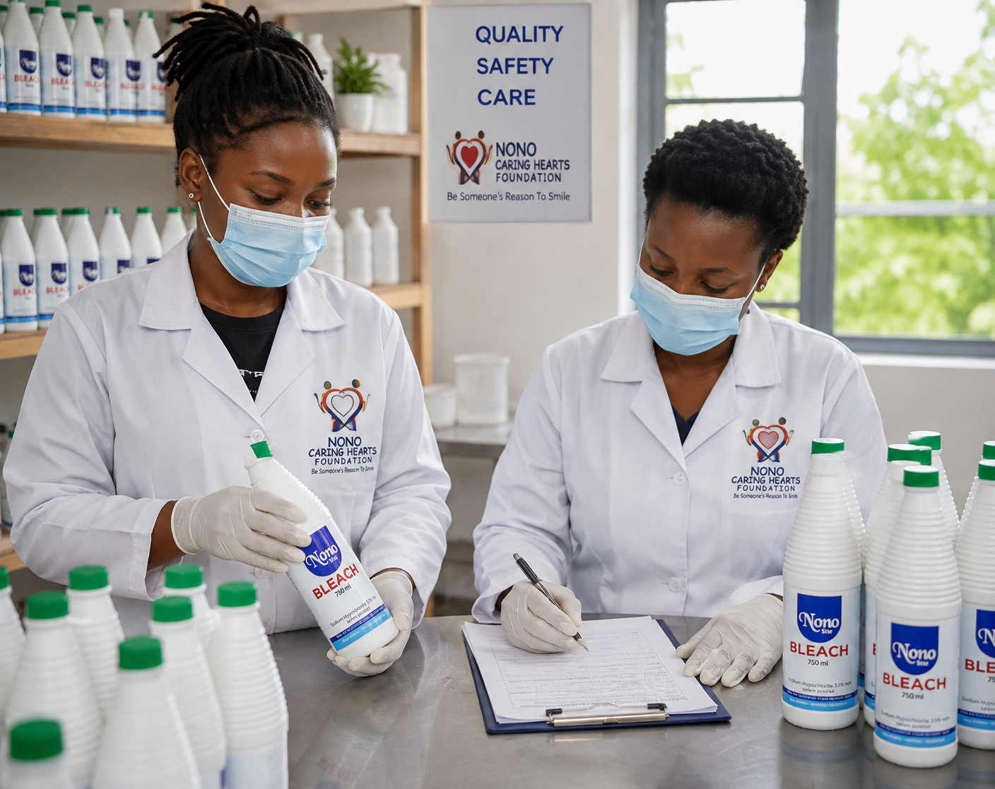Two Nono Caring Hearts Foundation production staff in white lab coats and gloves inspecting and labelling bottles of Nono Star bleach on the production line.