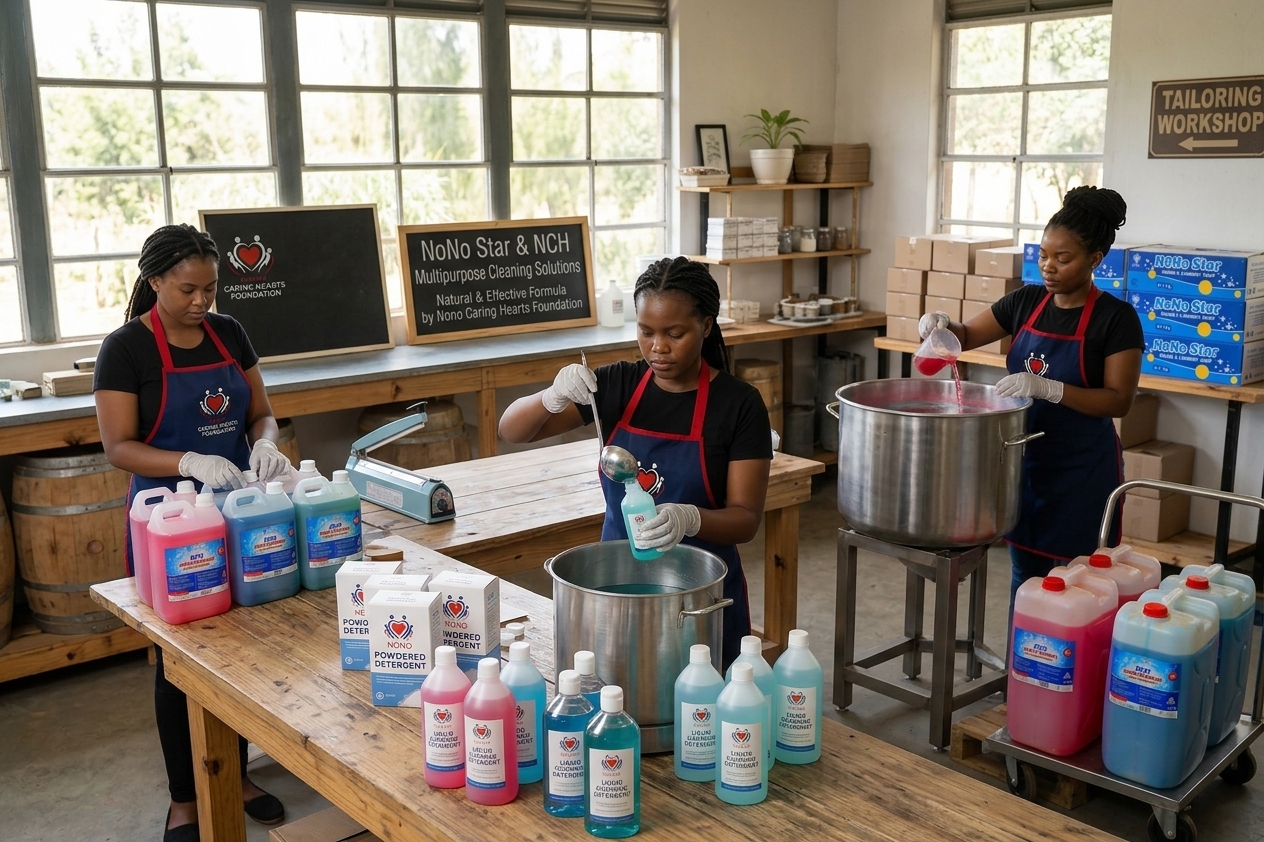 Women producing and packaging Nono Caring Hearts Foundation cleaning products in the workshop