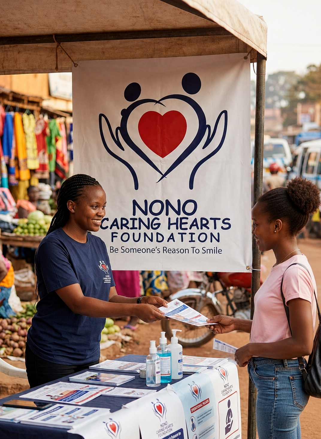 Two young women at a Nono Caring Hearts Foundation community booth, one handing over an informational flyer in an outdoor market.