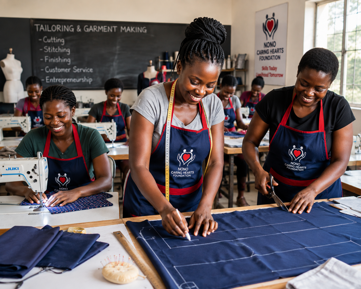 Women training in tailoring and garment making at a Nono Caring Hearts Foundation workshop
